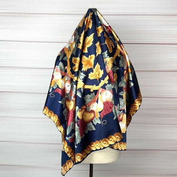 Silk Satin Navy Blue Square Scarf Fruits and Golden Leaves Print - Picture 1 of 10